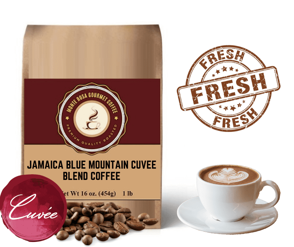 A bag of Jamaica Blue Mountain Cuvee Blend coffee showcasing its premium quality and rich flavor profile.