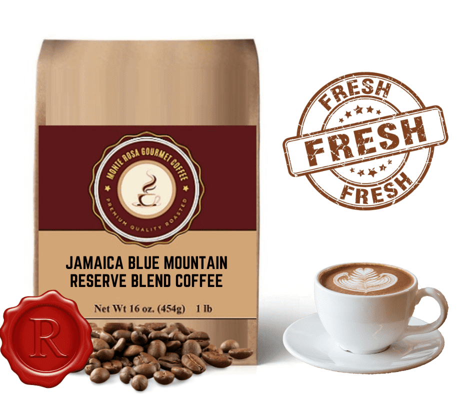 A bag of Jamaica Blue Mountain Reserve Coffee Blend showcasing its premium quality and rich flavor profile.