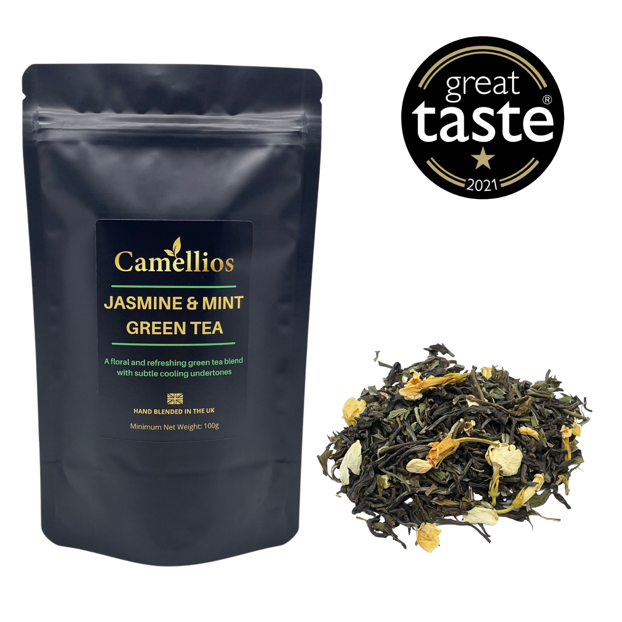 A vibrant display of Jasmine & Mint Green Tea loose leaf, showcasing green tea leaves, jasmine blossoms, and peppermint leaves.