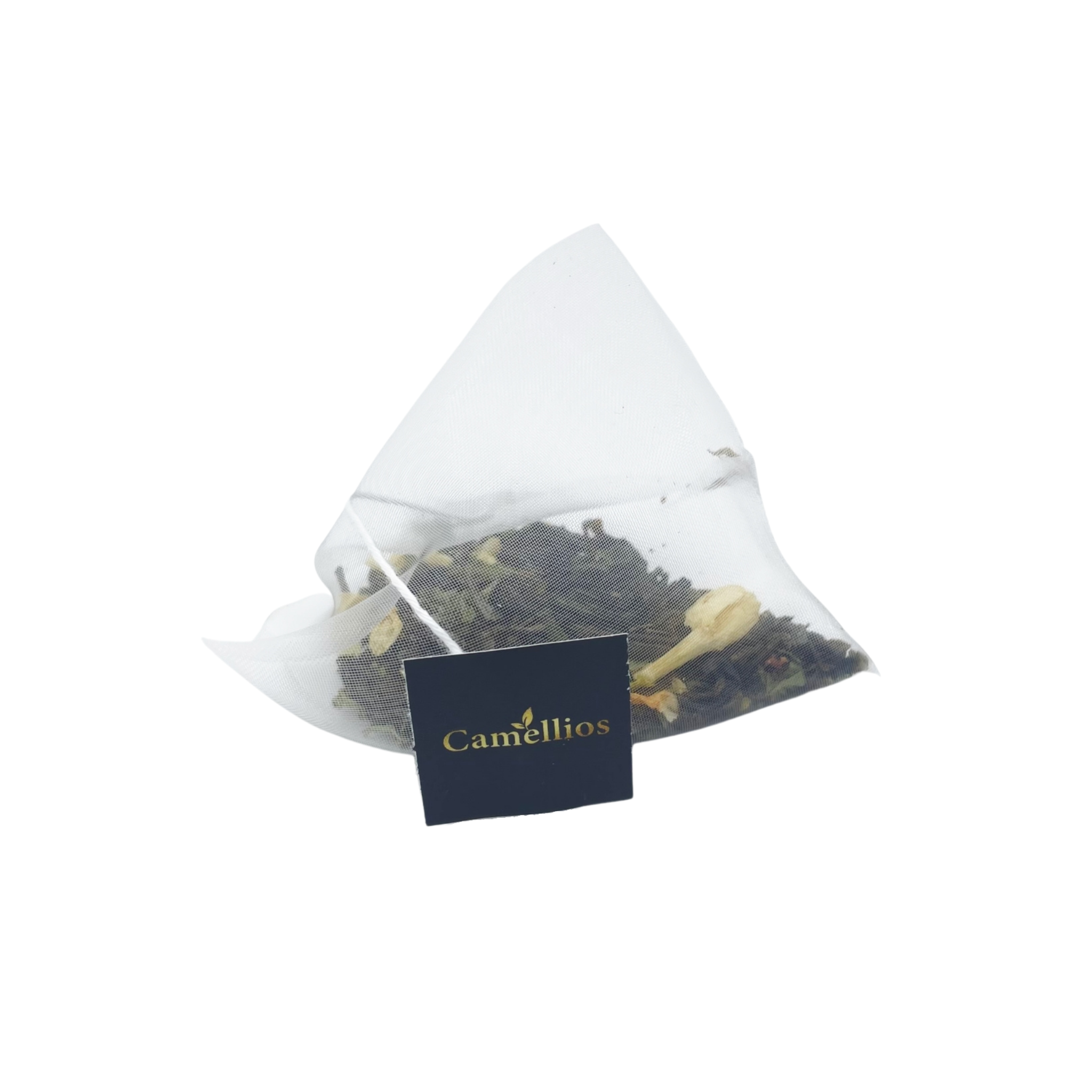 A box of Jasmine & Mint Green Tea pyramid tea bags, showcasing the biodegradable packaging and vibrant tea leaves inside.