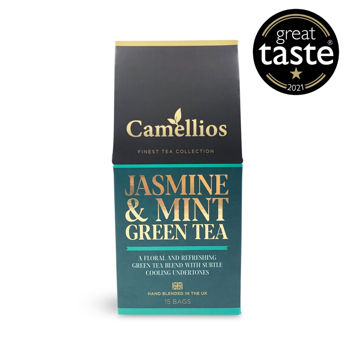 A box of Jasmine & Mint Green Tea pyramid tea bags, showcasing the biodegradable packaging and vibrant tea leaves inside.