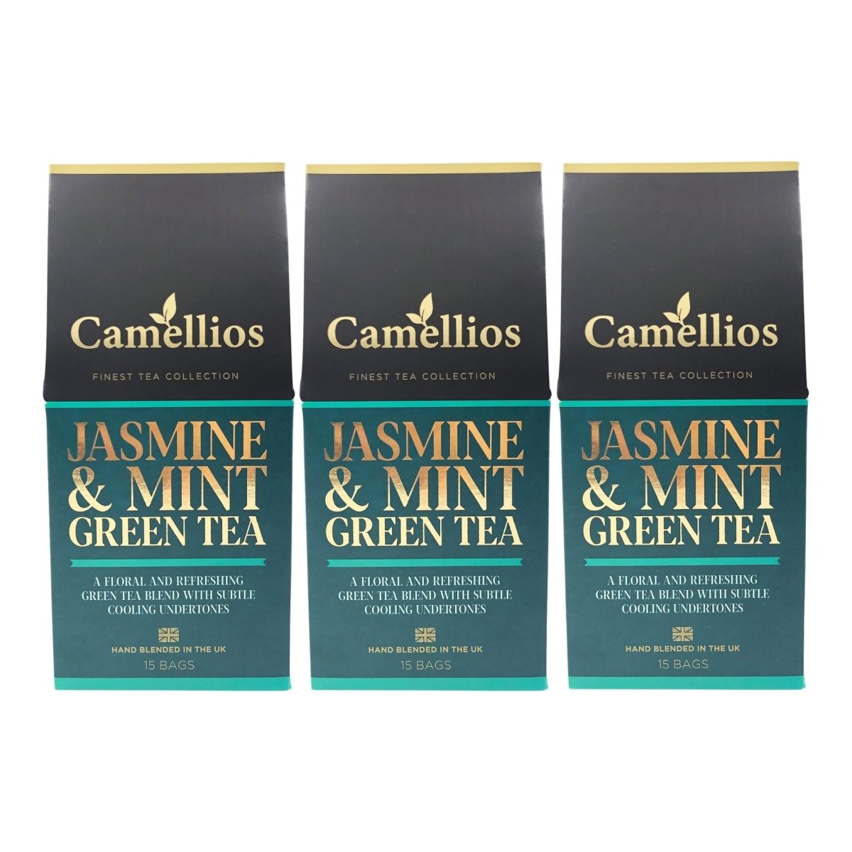 A box of Jasmine & Mint Green Tea pyramid tea bags, showcasing the biodegradable packaging and vibrant tea leaves inside.