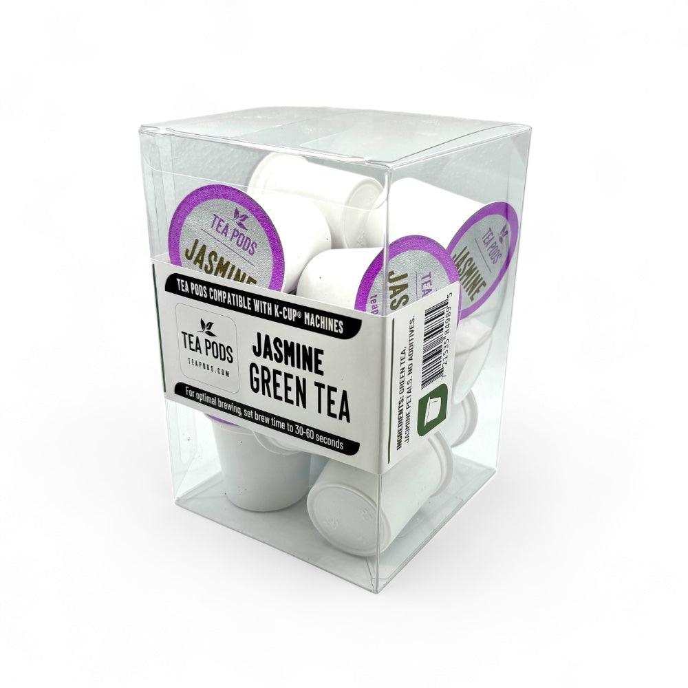 A pack of jasmine tea capsules compatible with K-Cup machines, featuring green tea and jasmine petals.