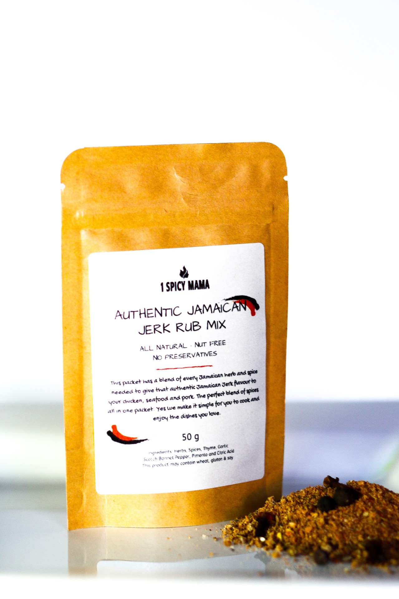 A packet of Jerk Rub Dried Spice featuring a blend of Jamaican herbs and spices for authentic flavor.