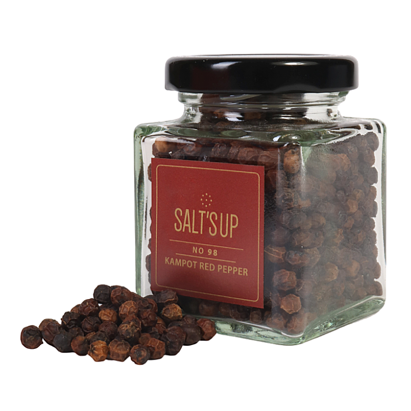 Kampot Red pepper ecopack showcasing the vibrant red peppercorns in eco-friendly packaging.