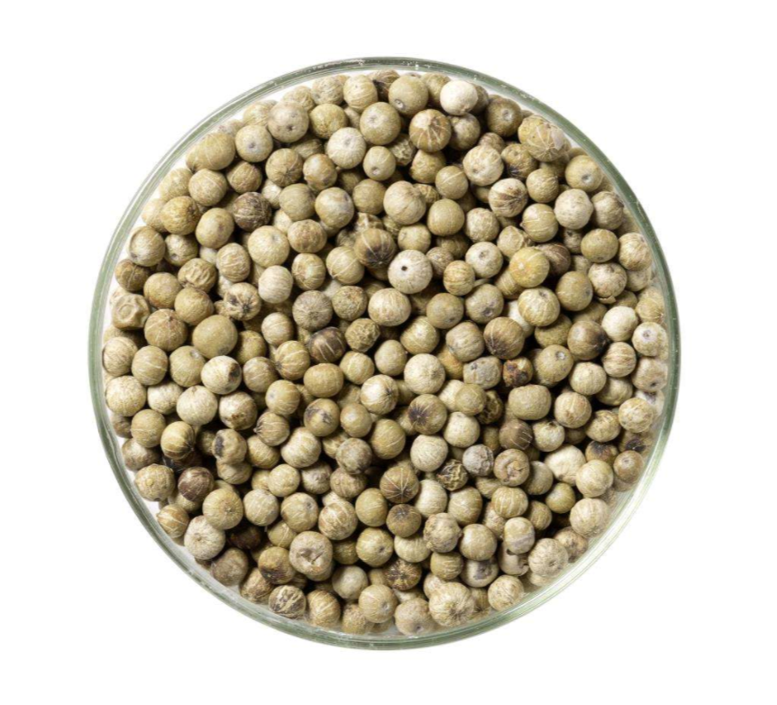 A close-up of KAMPOT WHITE pepper ecopack, showcasing the elegant packaging and the fine white peppercorns inside.