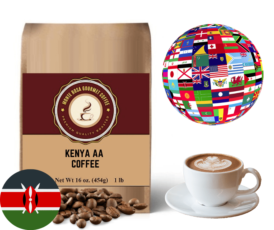 A bag of Kenya AA coffee beans showcasing their rich, dark color and texture, ideal for brewing a flavorful cup of coffee.