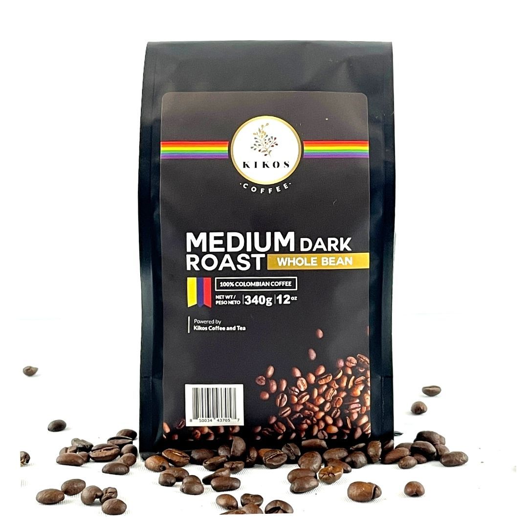 A bag of Kikos Colombian Coffee featuring 100% Colombian Arabica beans, showcasing its rich chocolate and fruit flavor profile.