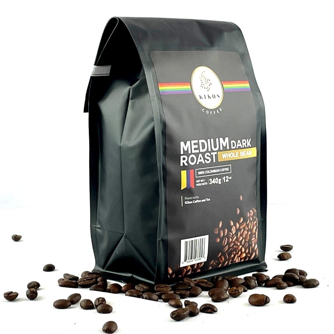 A bag of Kikos Colombian Coffee featuring 100% Colombian Arabica beans, showcasing its rich chocolate and fruit flavor profile.