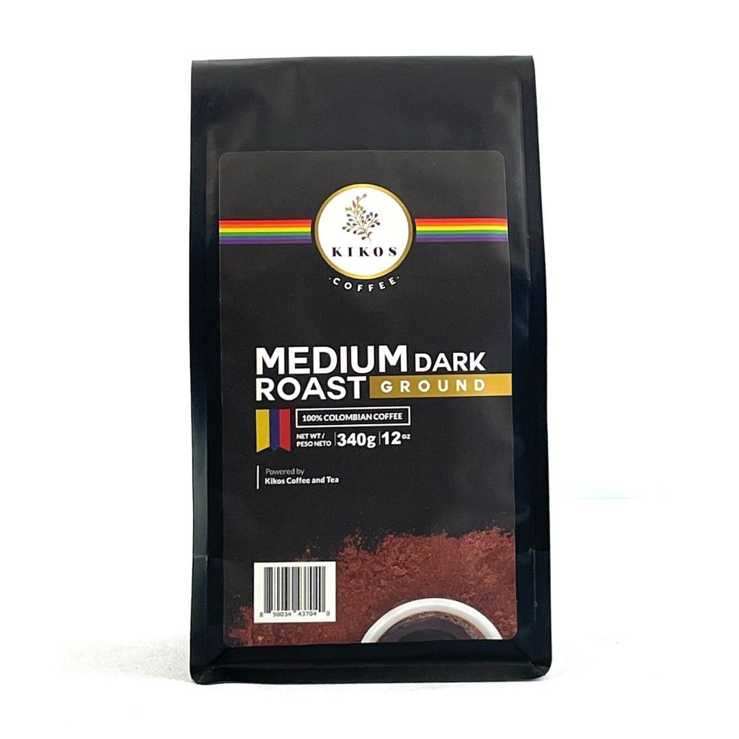 A bag of Kikos Colombian Coffee featuring 100% Colombian Arabica beans, showcasing its rich chocolate and fruit flavor profile.