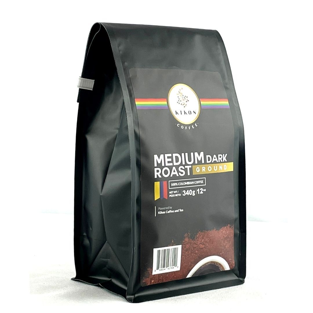 A bag of Kikos Colombian Coffee featuring 100% Colombian Arabica beans, showcasing its rich chocolate and fruit flavor profile.