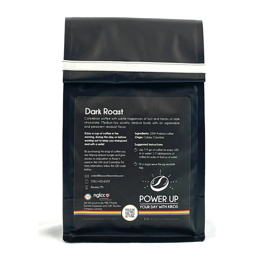 A bag of Kikos Colombian Coffee featuring 100% Colombian Arabica beans, showcasing its rich chocolate and fruit flavor profile.