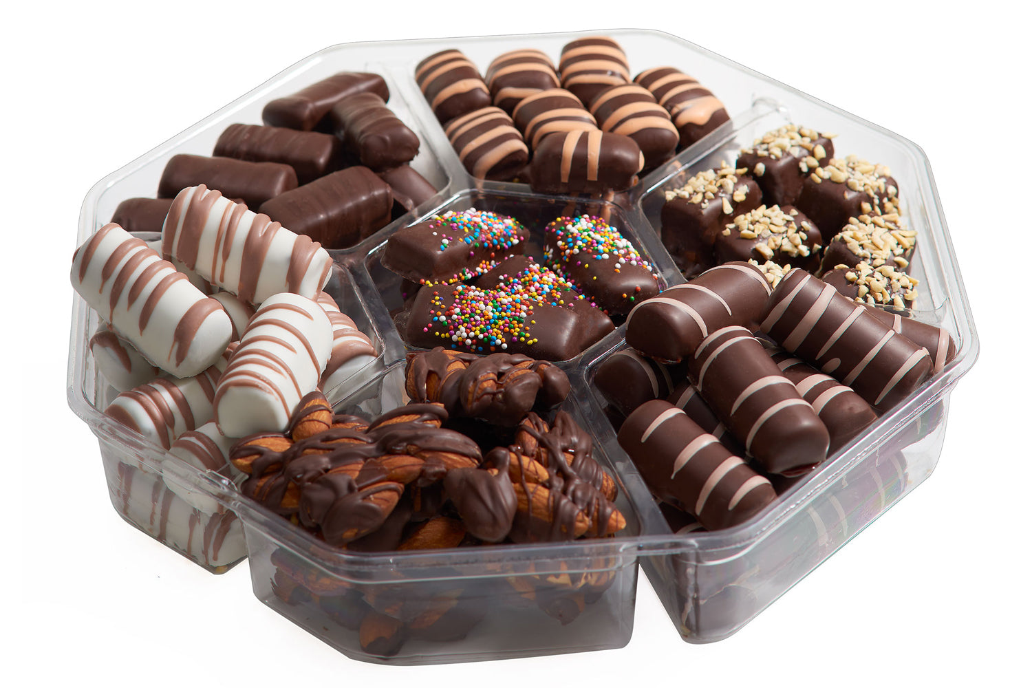 A beautifully arranged Kosher Chocolate Assortment featuring various gourmet chocolates including almond patties, hazelnut truffles, and fruity sticks.