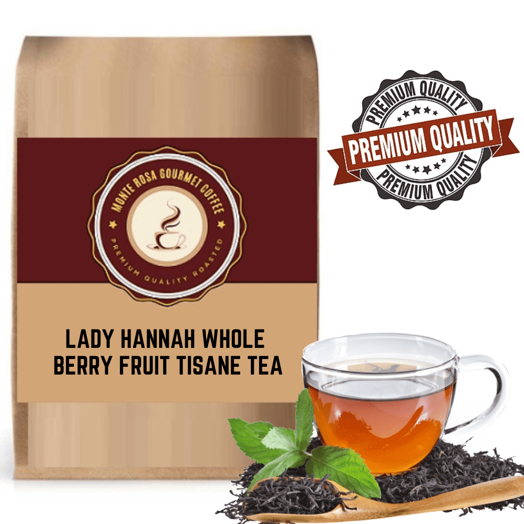 A vibrant display of Lady Hannah Whole Berry Fruit Tisane with dried fruits and herbs, showcasing its pinkish hue and berry blend.