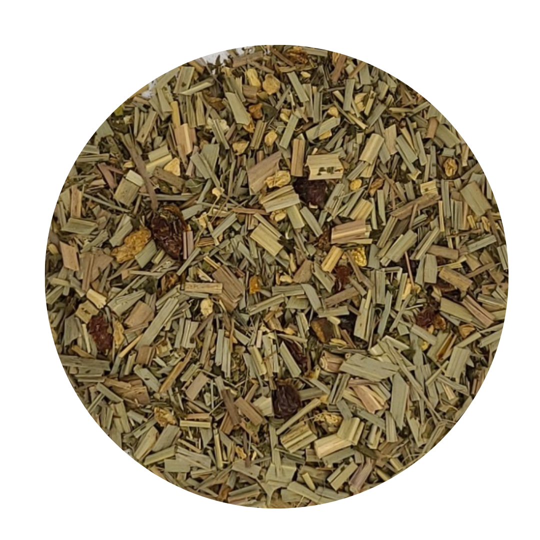 A vibrant blend of organic lemon ginger herbal tea ingredients including lemongrass, ginger, lemon peel, peppermint, and rosehips.