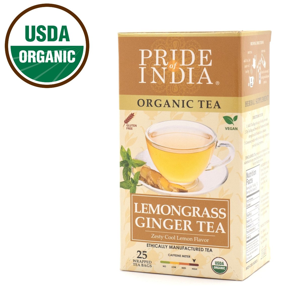 A box of Lemongrass Ginger tea bags featuring organic ingredients, showcasing the vibrant packaging and tea bags inside.