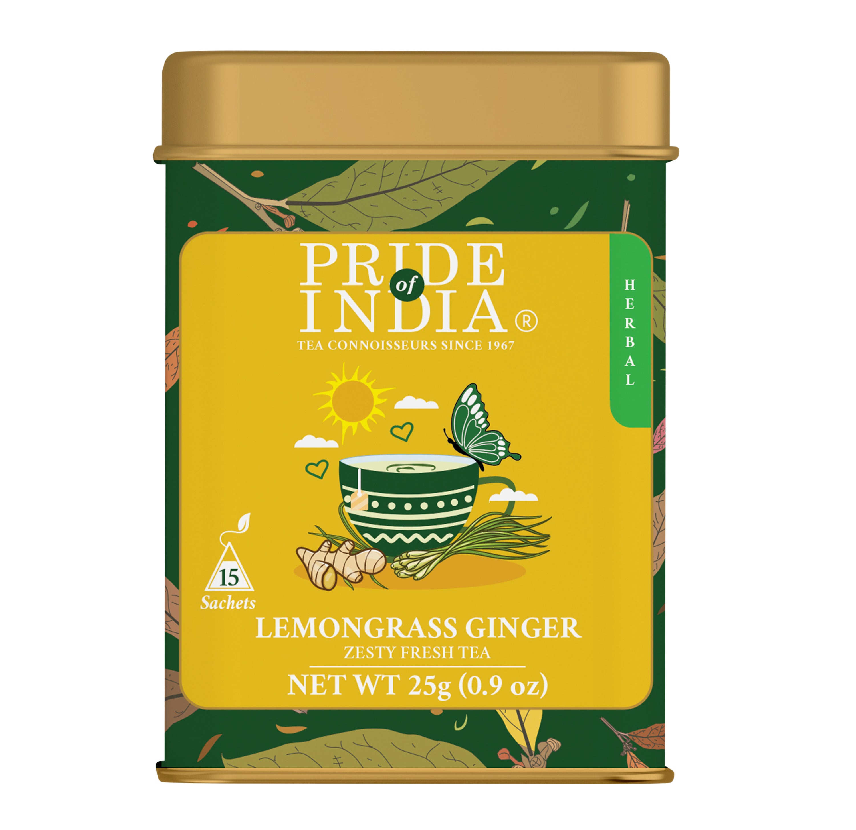 A box of Lemongrass Ginger tea bags featuring organic ingredients, showcasing the vibrant packaging and tea bags inside.