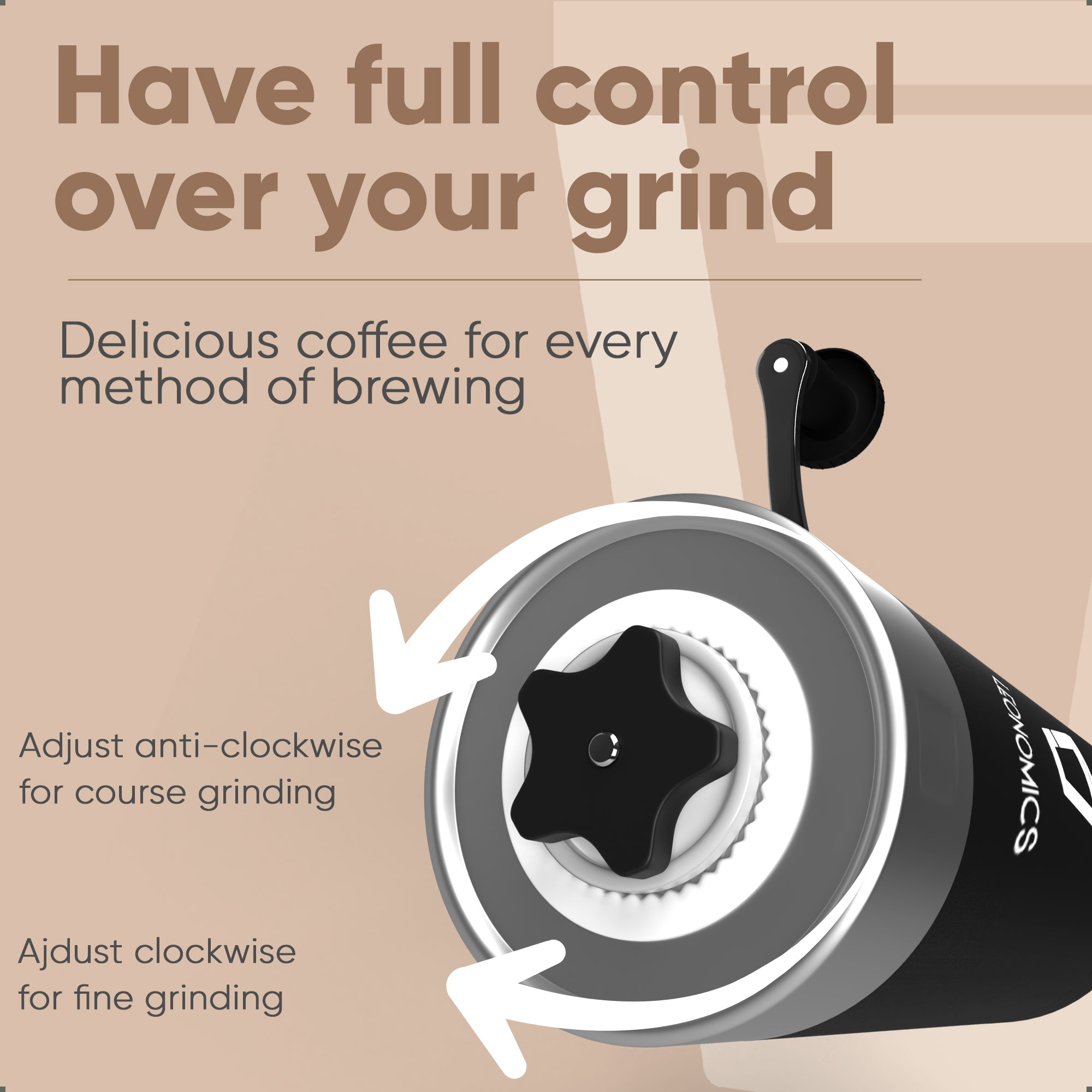 Leonomics Manual Coffee Grinder in stainless steel with a sturdy handle and adjustable settings, perfect for grinding coffee beans.