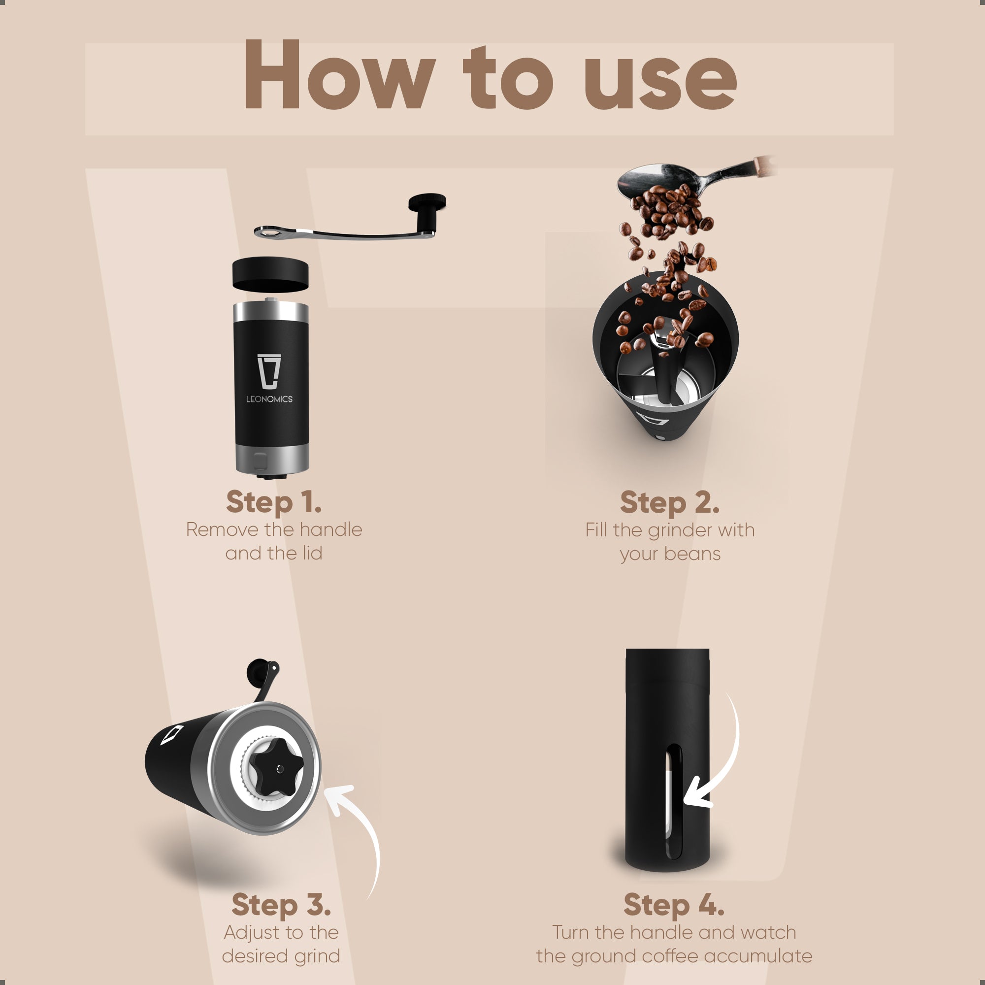 Leonomics Manual Coffee Grinder in stainless steel with a sturdy handle and adjustable settings, perfect for grinding coffee beans.