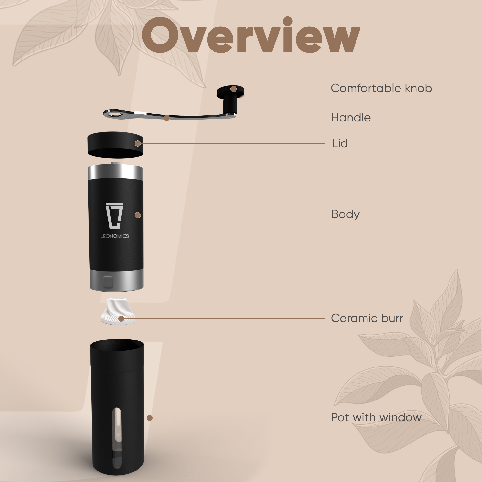 Leonomics Manual Coffee Grinder in stainless steel with a sturdy handle and adjustable settings, perfect for grinding coffee beans.