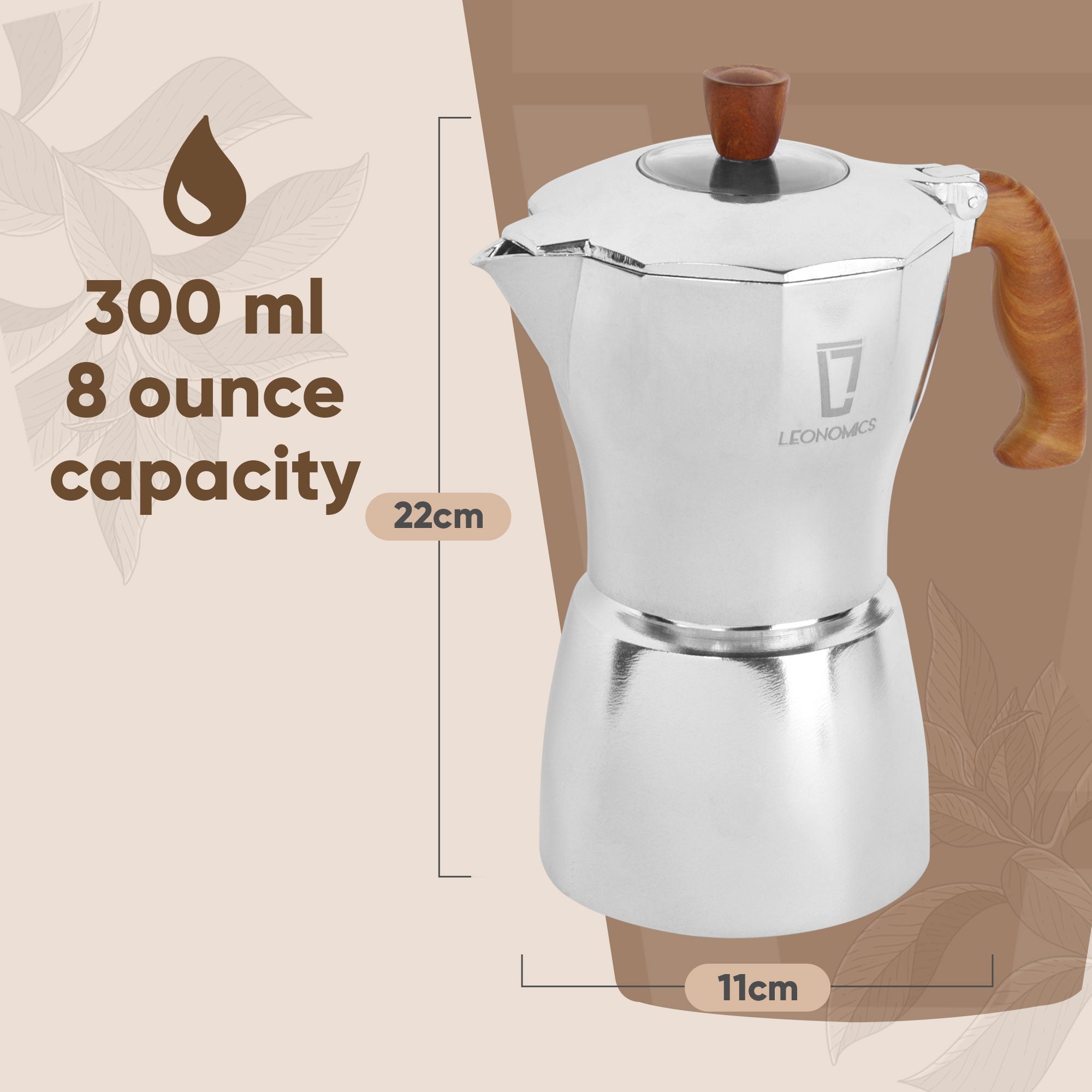 Leonomics Premium Aluminium Moka Pot - 300ml with a sleek design, perfect for brewing rich coffee.