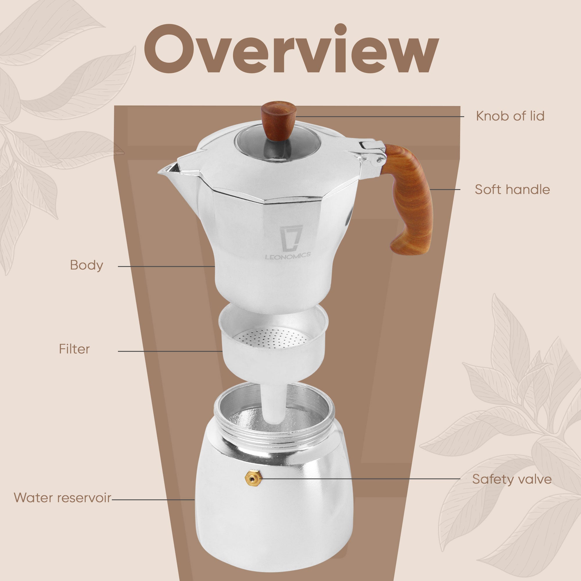 Leonomics Premium Aluminium Moka Pot - 300ml with a sleek design, perfect for brewing rich coffee.