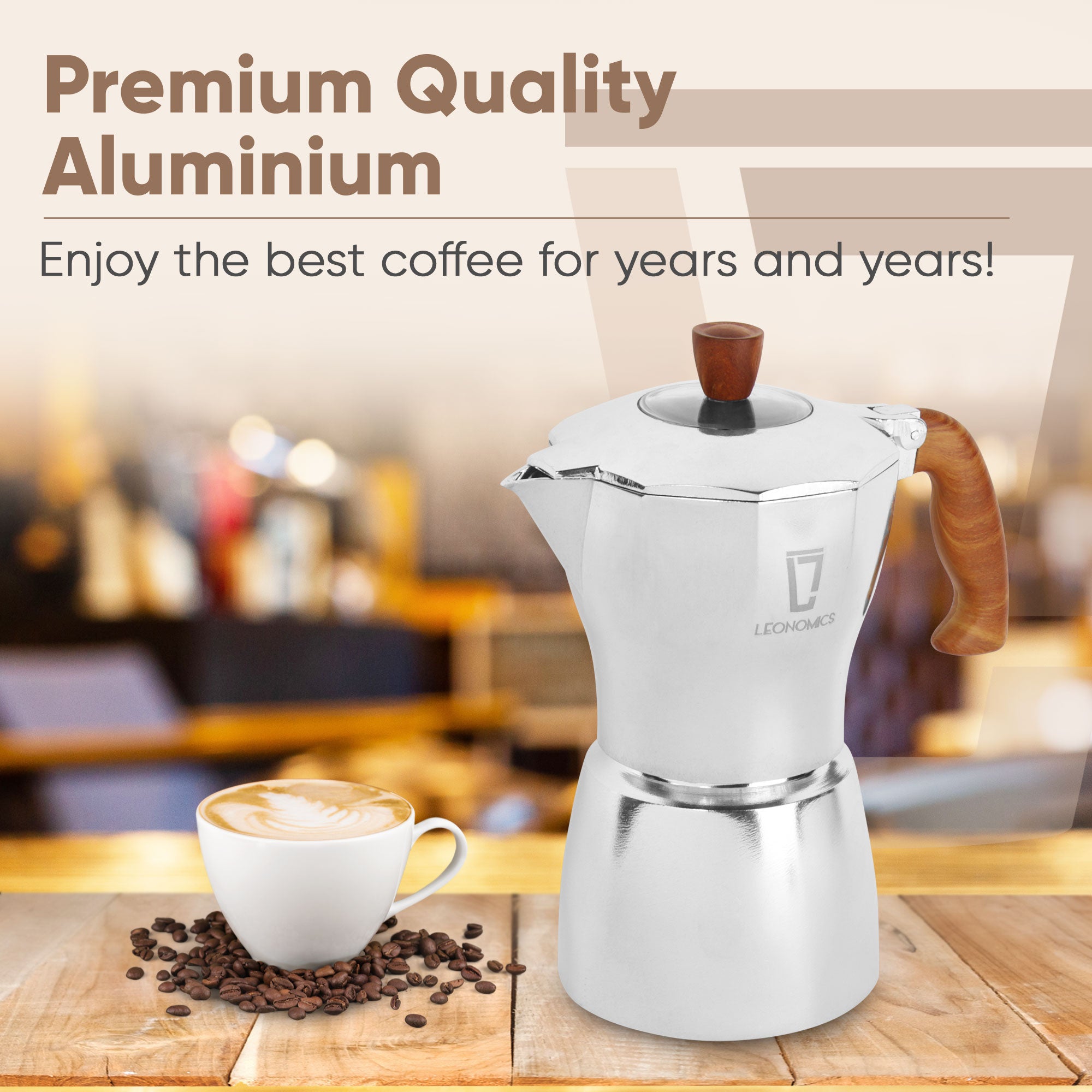 Leonomics Premium Aluminium Moka Pot - 300ml with a sleek design, perfect for brewing rich coffee.