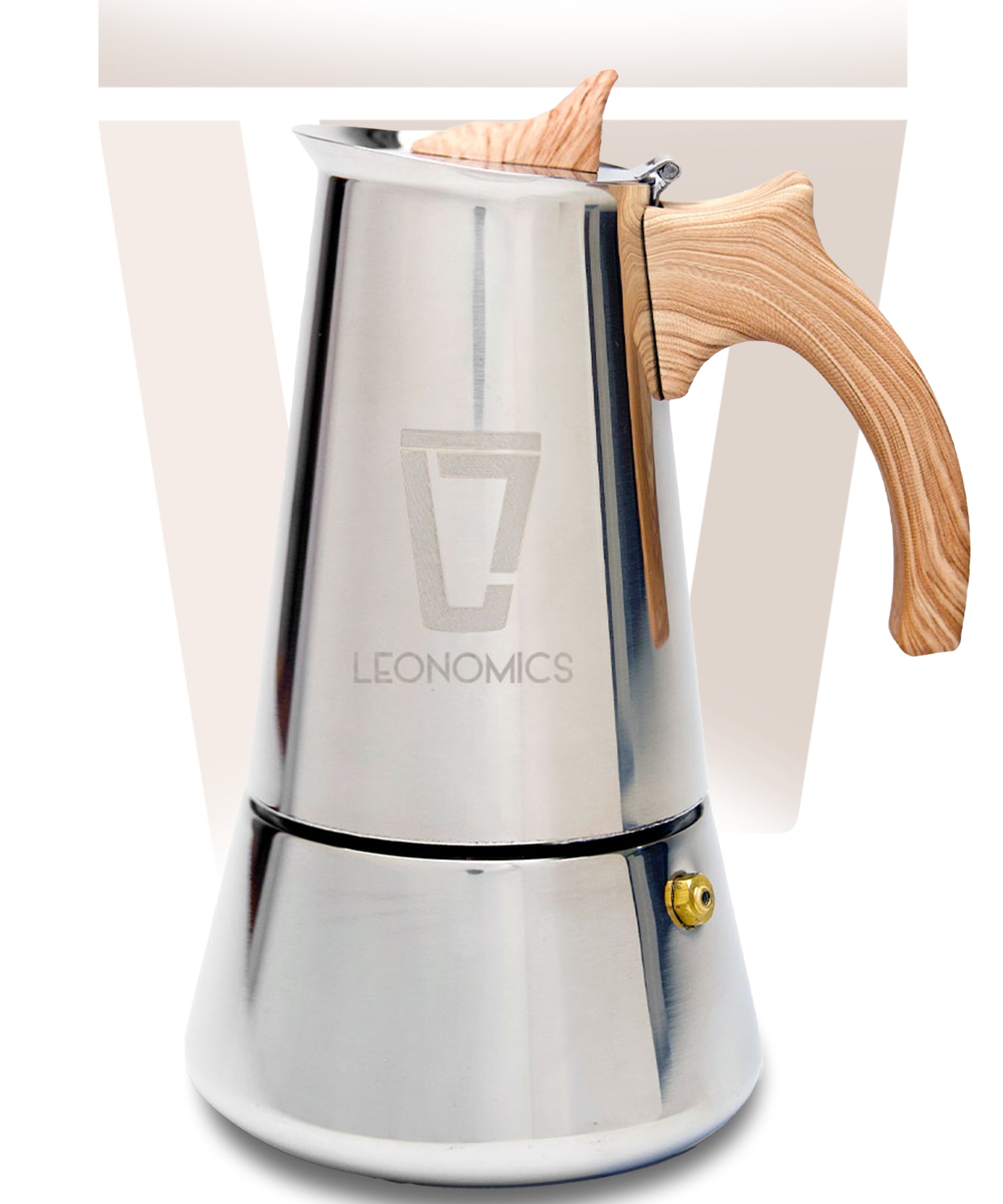 Leonomics Premium Stainless Steel Moka Pot with ergonomic handle, showcasing its sleek design and durable stainless steel material.