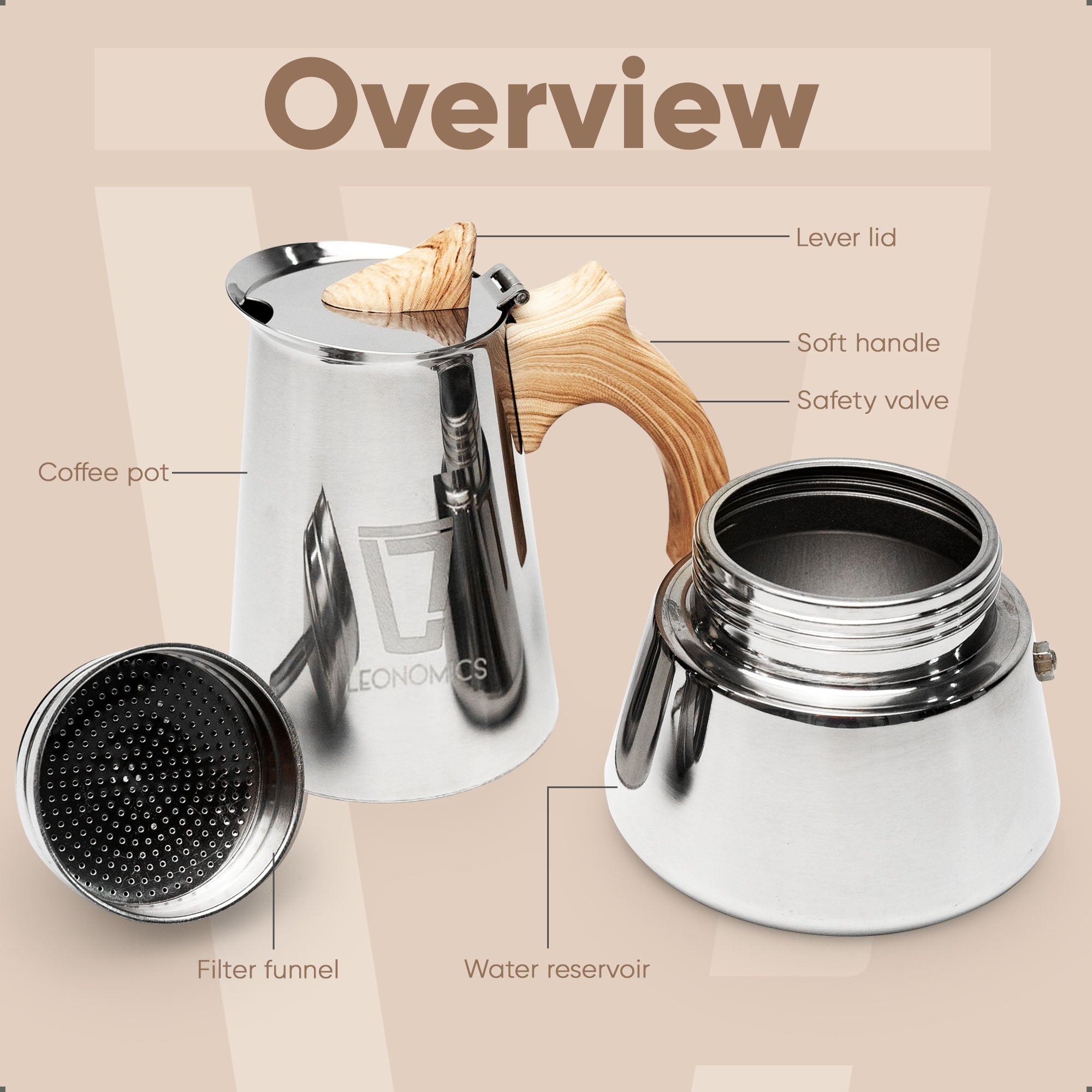 Leonomics Premium Stainless Steel Moka Pot with ergonomic handle, showcasing its sleek design and durable stainless steel material.