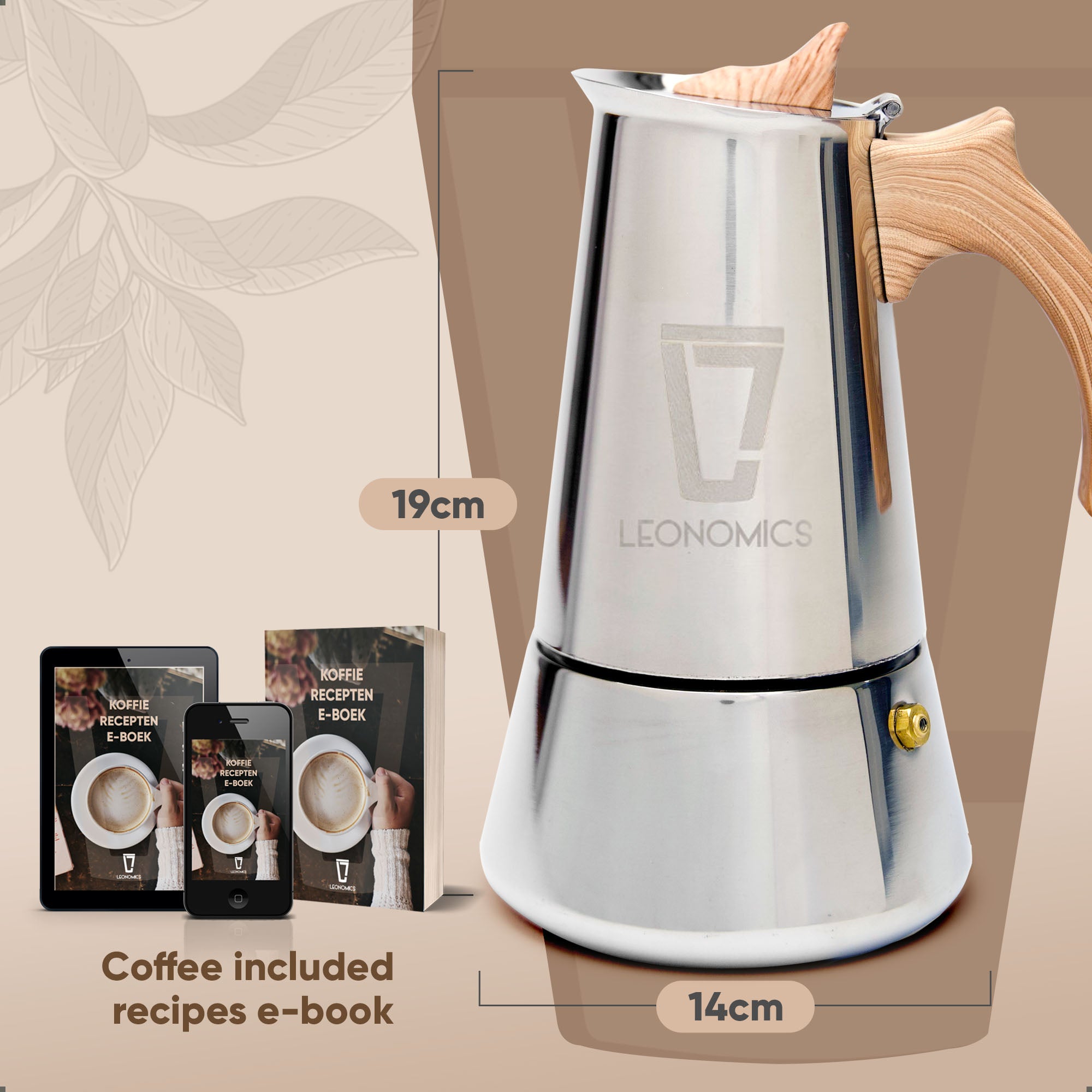 Leonomics Premium Stainless Steel Moka Pot with ergonomic handle, showcasing its sleek design and durable stainless steel material.