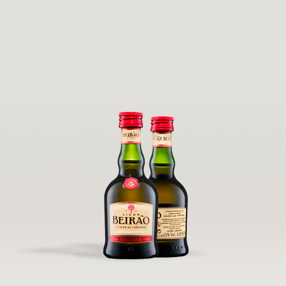 A 5cl bottle of Licor Beirão, a traditional Portuguese liqueur, elegantly designed for sharing special moments.