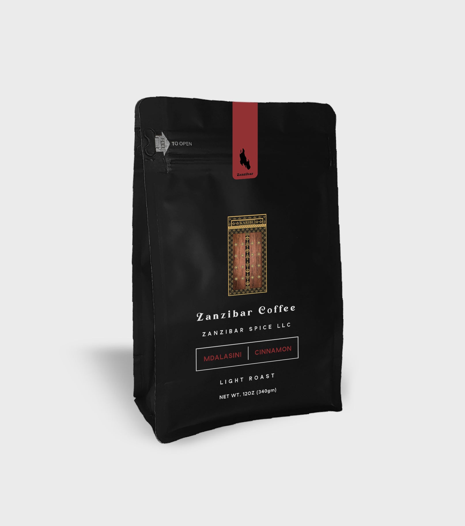 A 12oz resealable bag of Light Roast Cinnamon Coffee featuring light roasted coffee beans and cinnamon from Zanzibar.