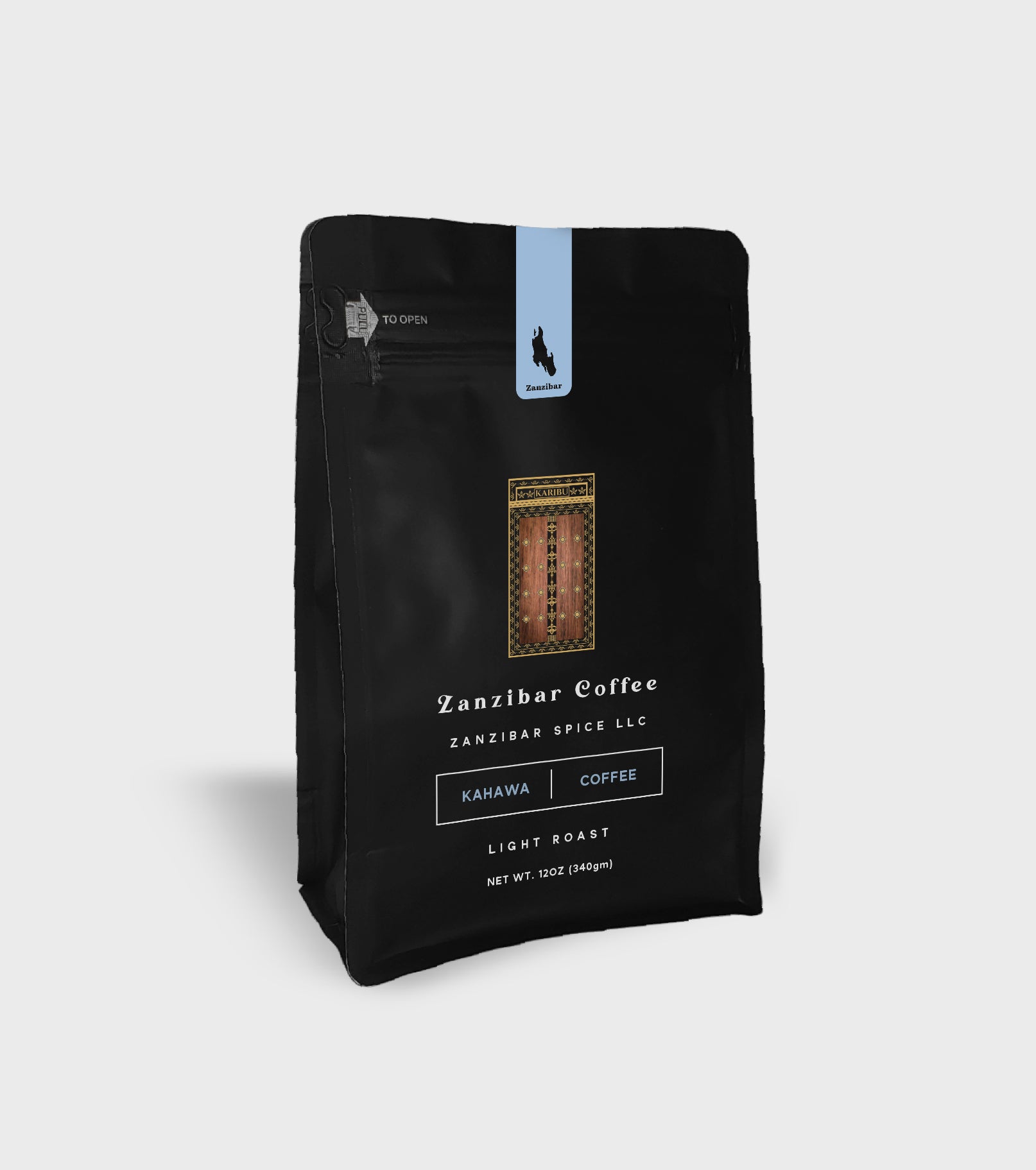 A 12oz resealable bag of Light Roast Zanzibar Plain Coffee showcasing its vibrant packaging and rich coffee beans.