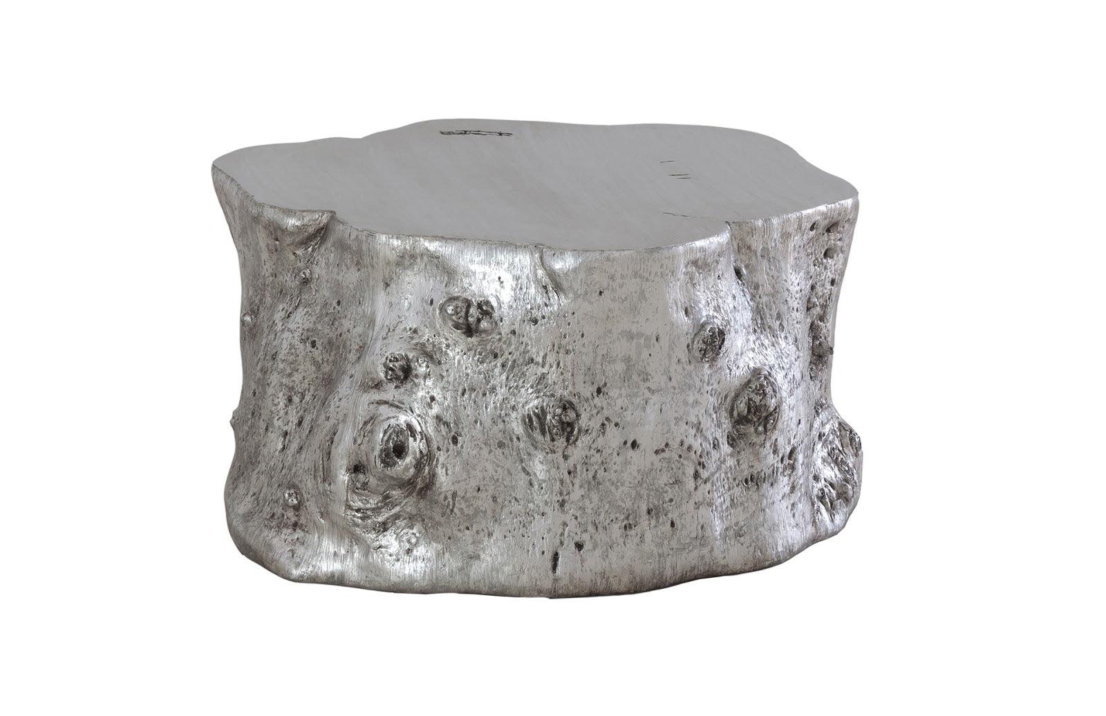 Log Coffee Table Silver Leaf showcasing a unique design made from real tree trunks with a sophisticated silver leaf finish.