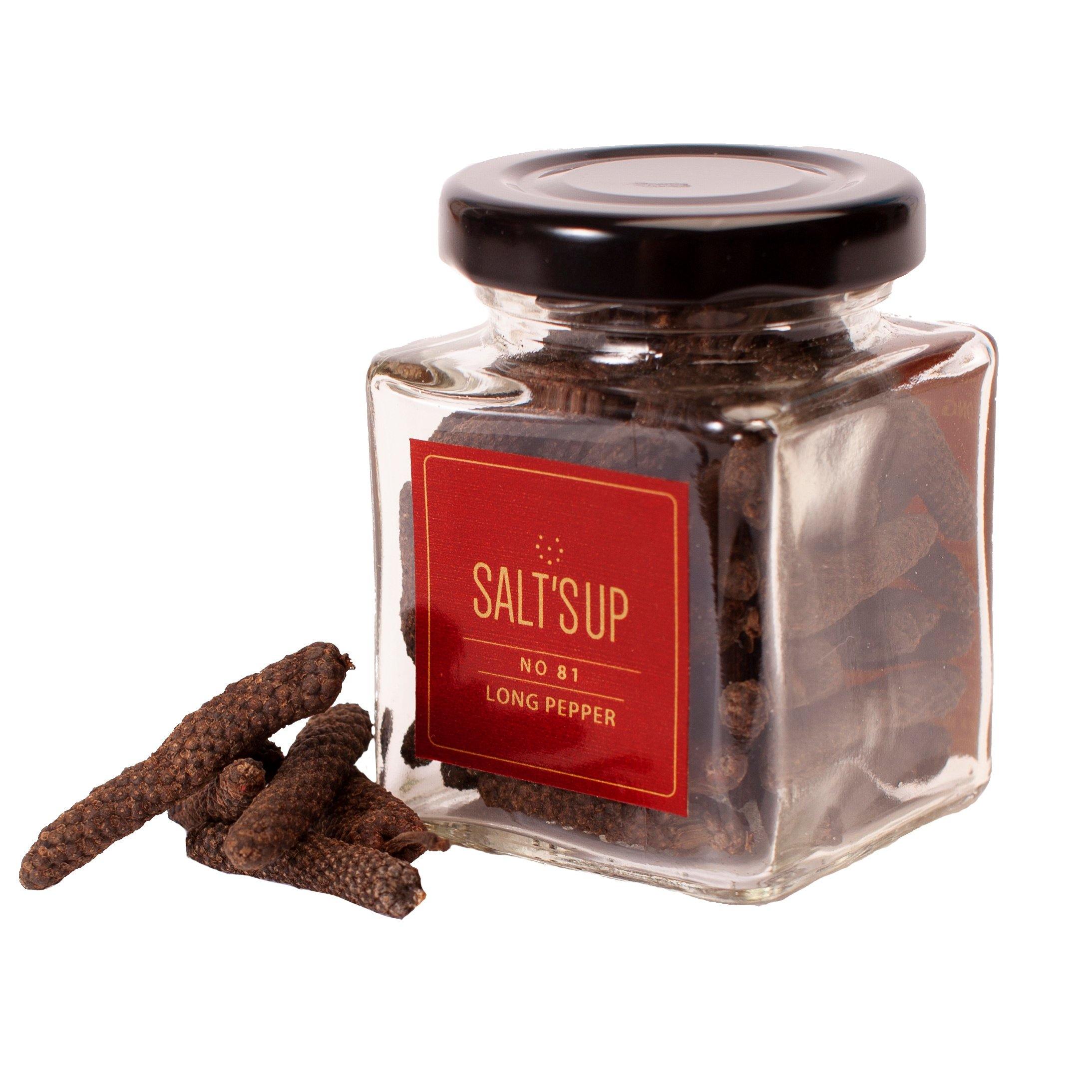 A glass jar containing Long Pepper, showcasing elongated, dark peppercorns with a rich texture.