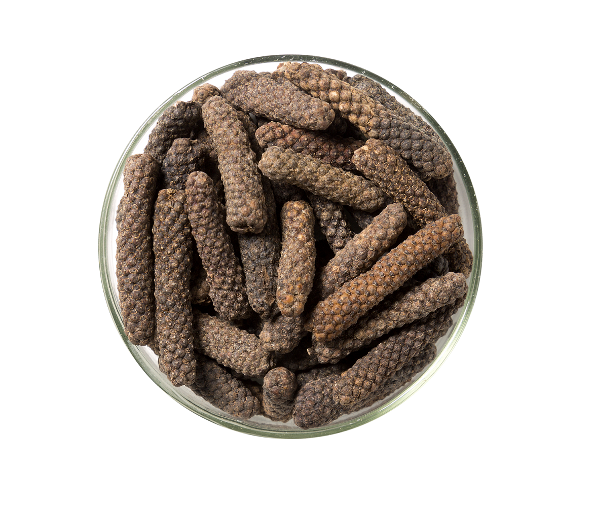 A glass jar containing Long Pepper, showcasing elongated, dark peppercorns with a rich texture.