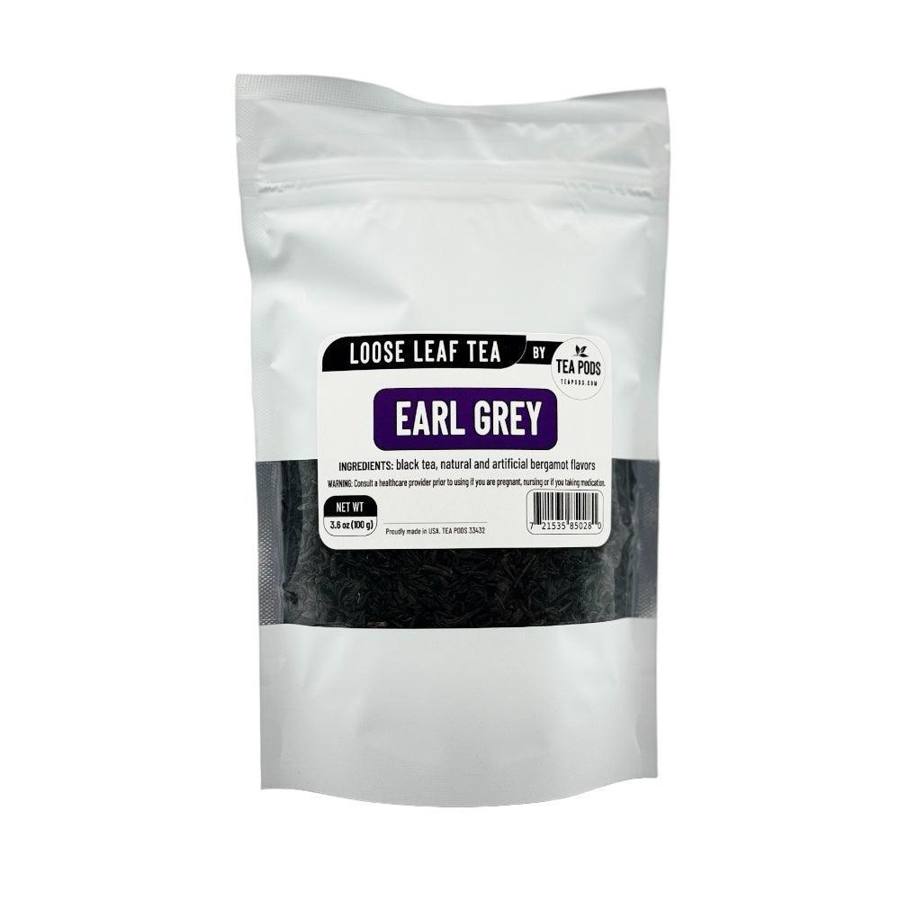 A close-up of Loose Leaf Earl Grey black tea with bergamot, showcasing the rich black tea leaves and aromatic bergamot pieces.