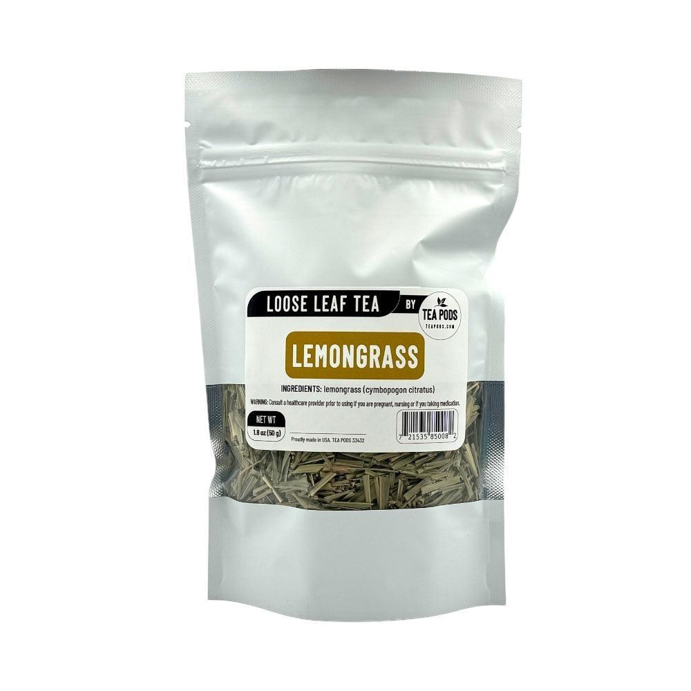 A vibrant package of loose leaf lemongrass tea, showcasing the hand-picked lemongrass leaves inside.