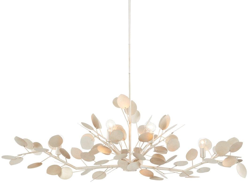 Lunaria Oval Chandelier featuring fluttering disc design in contemporary silver leaf finish, made of wrought iron.