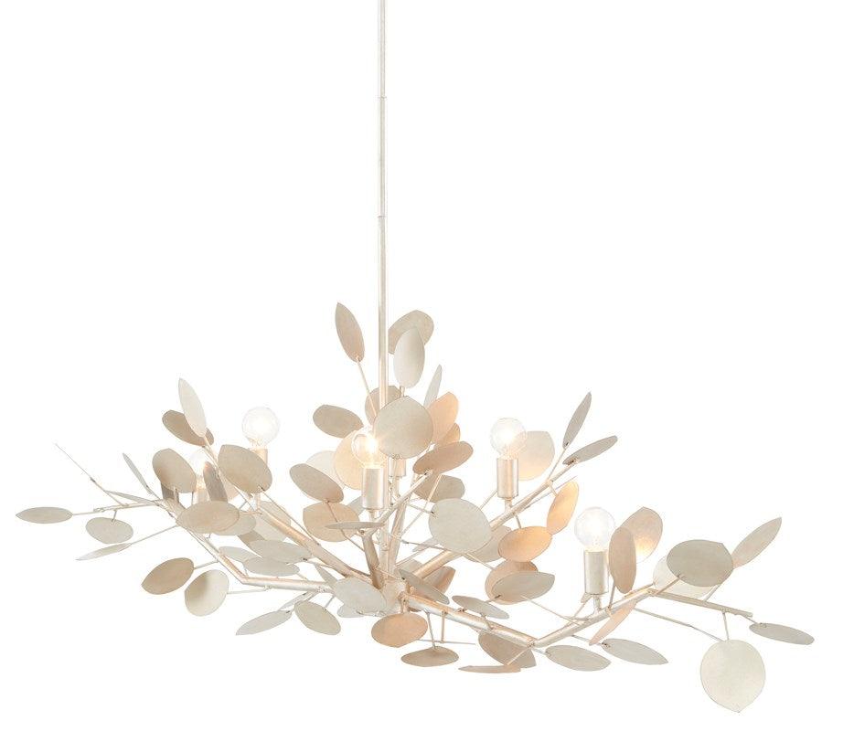 Lunaria Oval Chandelier featuring fluttering disc design in contemporary silver leaf finish, made of wrought iron.