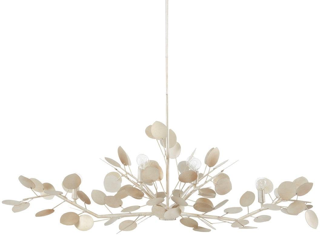 Lunaria Oval Chandelier featuring fluttering disc design in contemporary silver leaf finish, made of wrought iron.