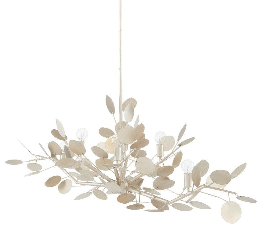 Lunaria Oval Chandelier featuring fluttering disc design in contemporary silver leaf finish, made of wrought iron.