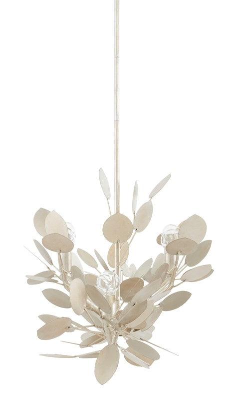 Lunaria Oval Chandelier featuring fluttering disc design in contemporary silver leaf finish, made of wrought iron.