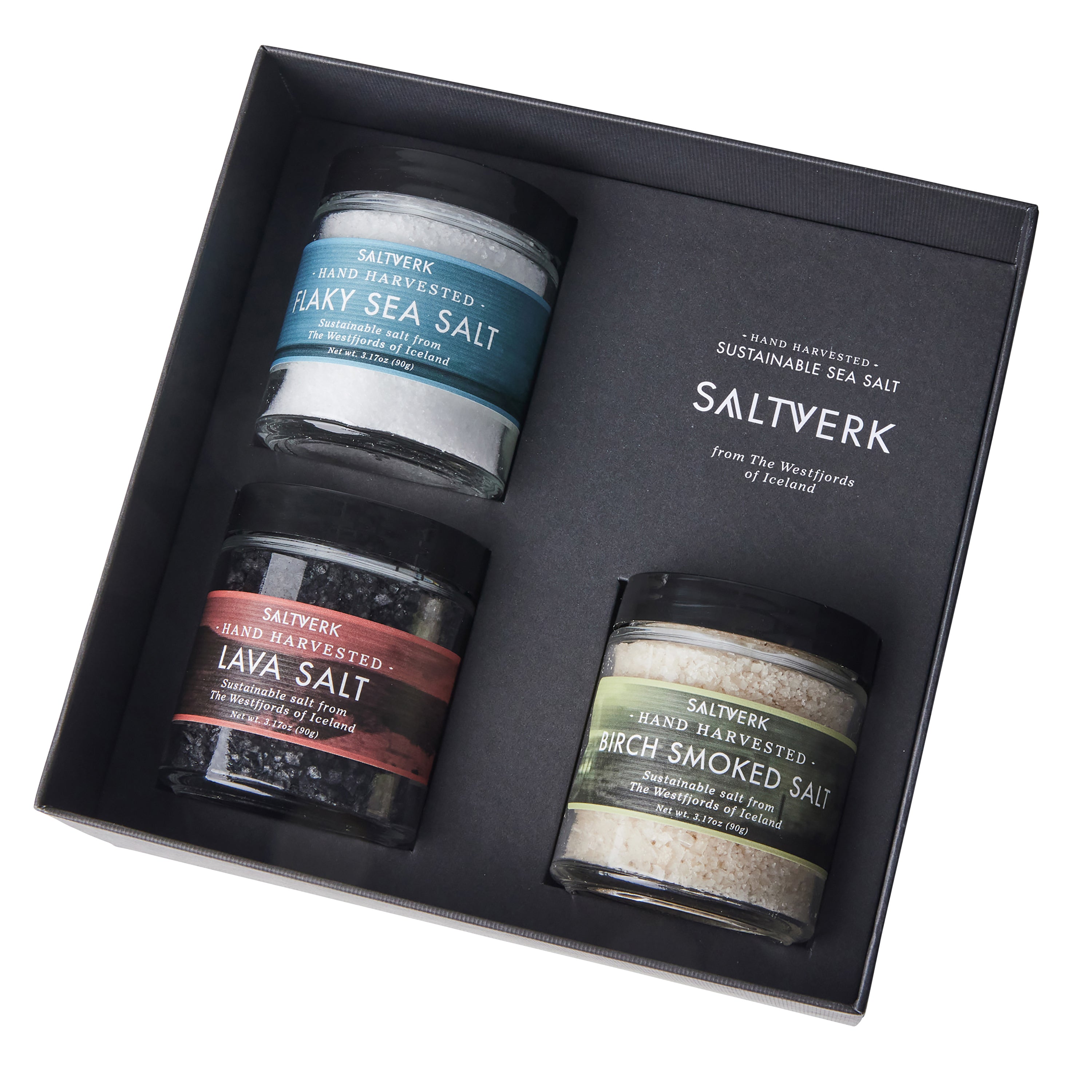 Luxury Gift Box containing Saltverk Pure, Lava, and Birch salts, elegantly packaged for gifting.