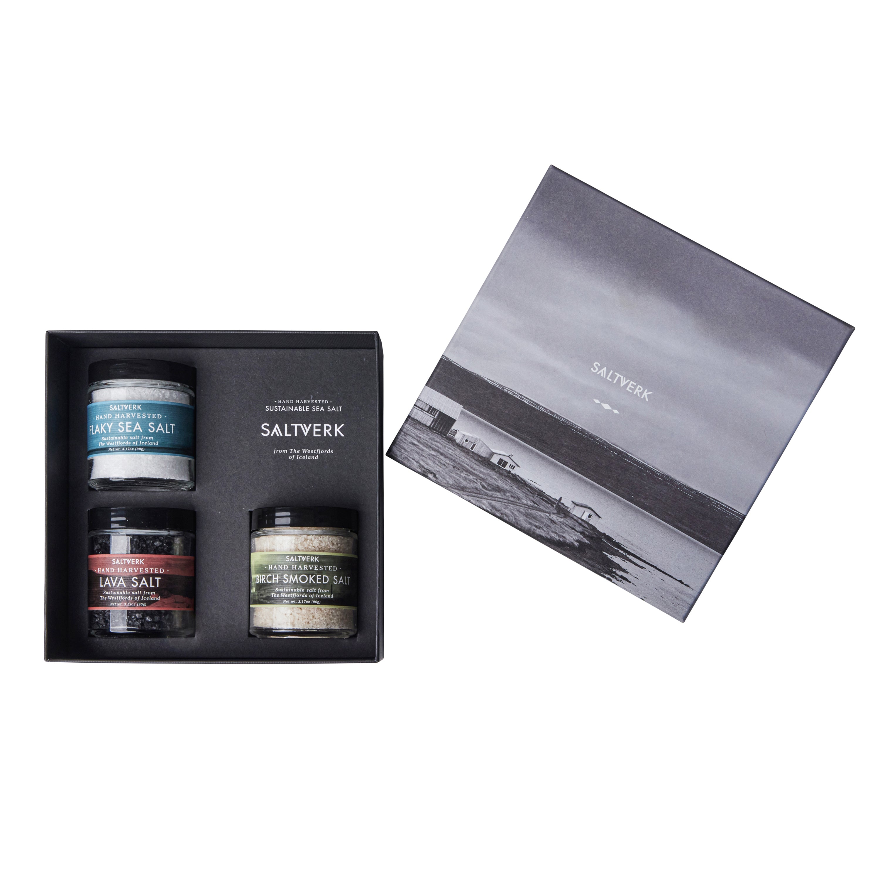 Luxury Gift Box containing Saltverk Pure, Lava, and Birch salts, elegantly packaged for gifting.