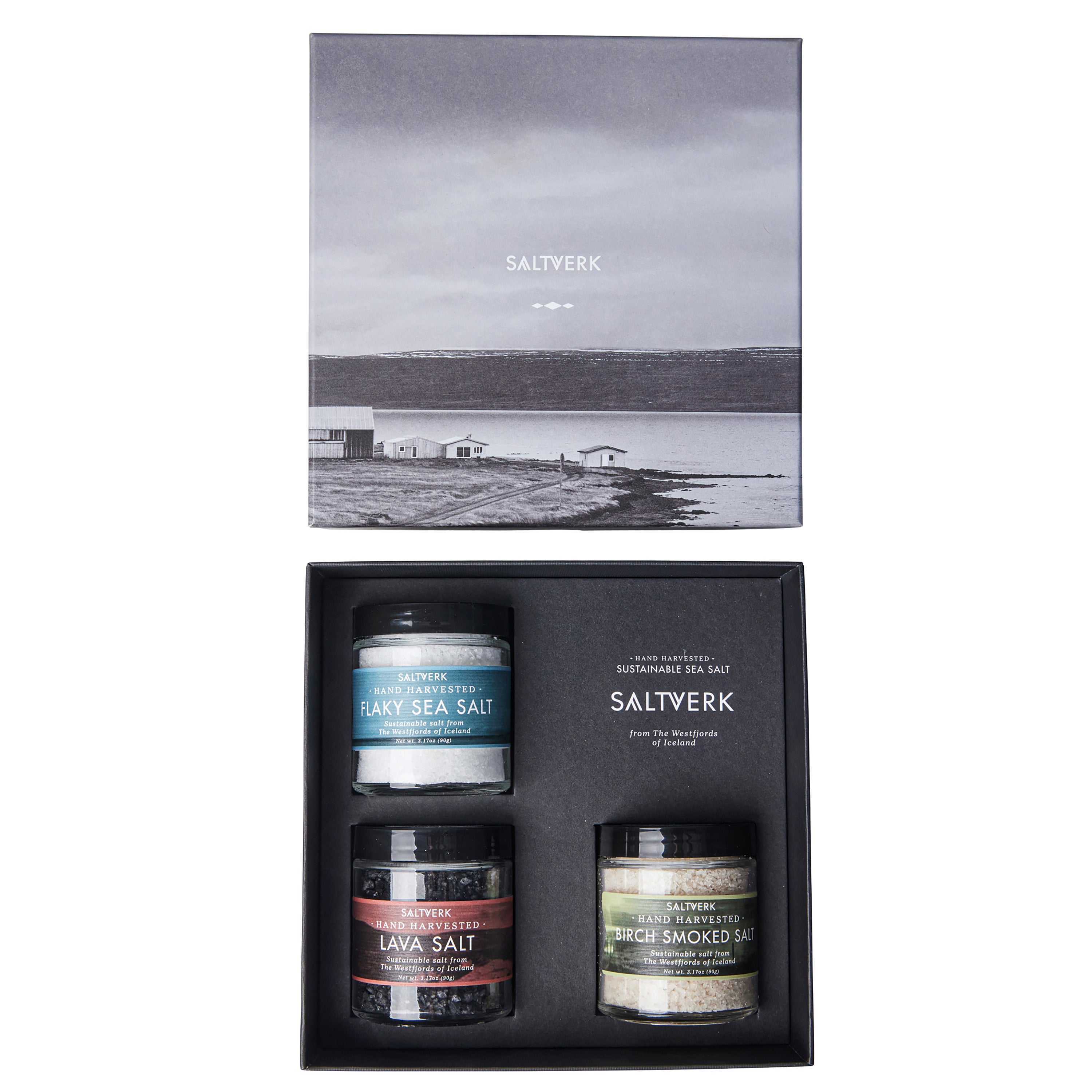 Luxury Gift Box containing Saltverk Pure, Lava, and Birch salts, elegantly packaged for gifting.