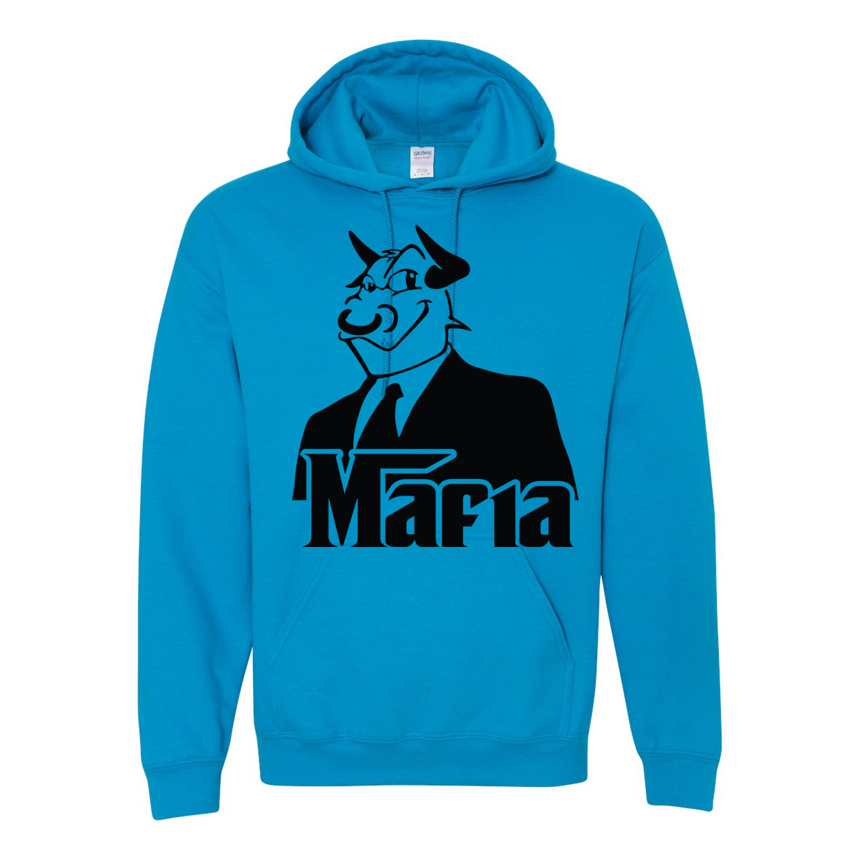 Mafia 2 Black Print Hoodie featuring a double-lined hood, front pouch pocket, and rib knit cuffs, showcasing a stylish design.