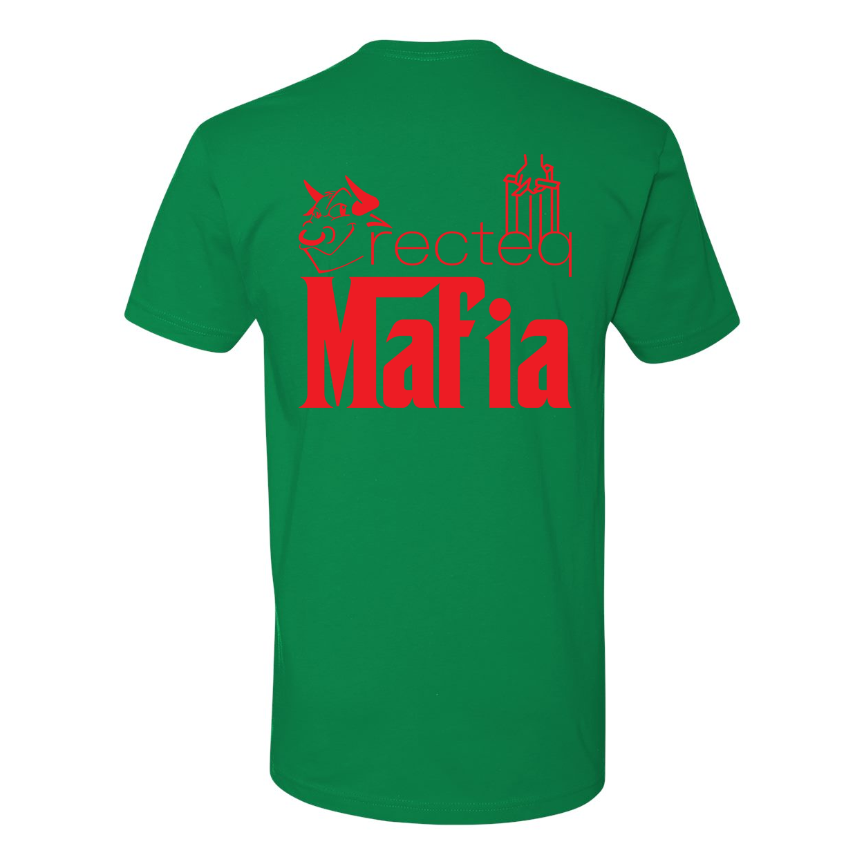 Mafia Front Corner and Full Back T-Shirt in vibrant red print, showcasing soft cotton fabric and stylish design.