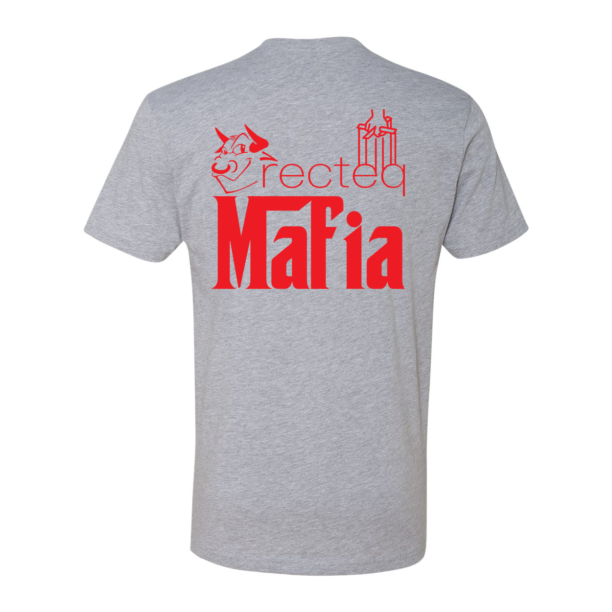 Mafia Front Corner and Full Back T-Shirt in vibrant red print, showcasing soft cotton fabric and stylish design.