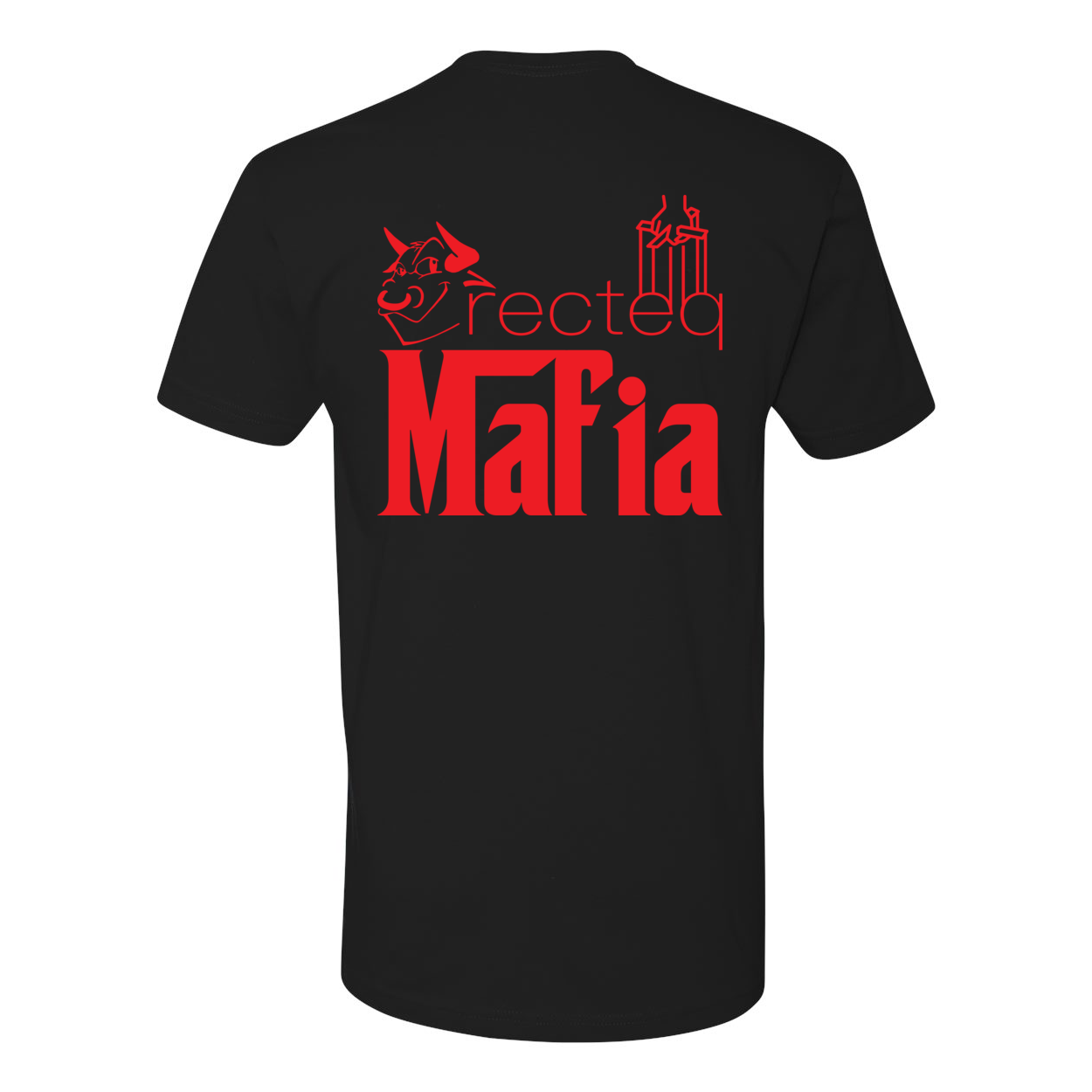 Mafia Front Corner and Full Back T-Shirt in vibrant red print, showcasing soft cotton fabric and stylish design.